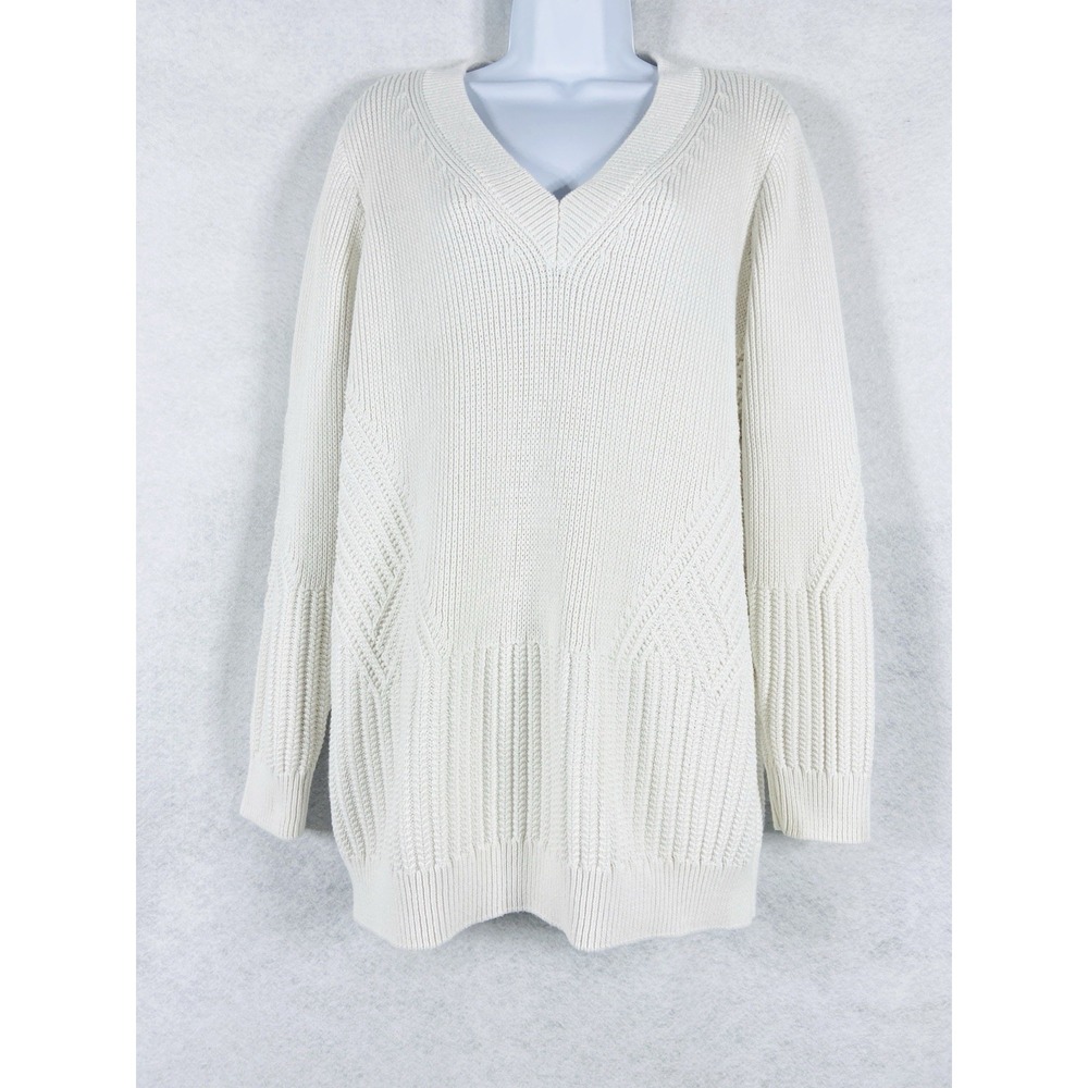 Athleta Sweater Women's Large White V-Neck Pullover Long Sleeves Waffle Knit